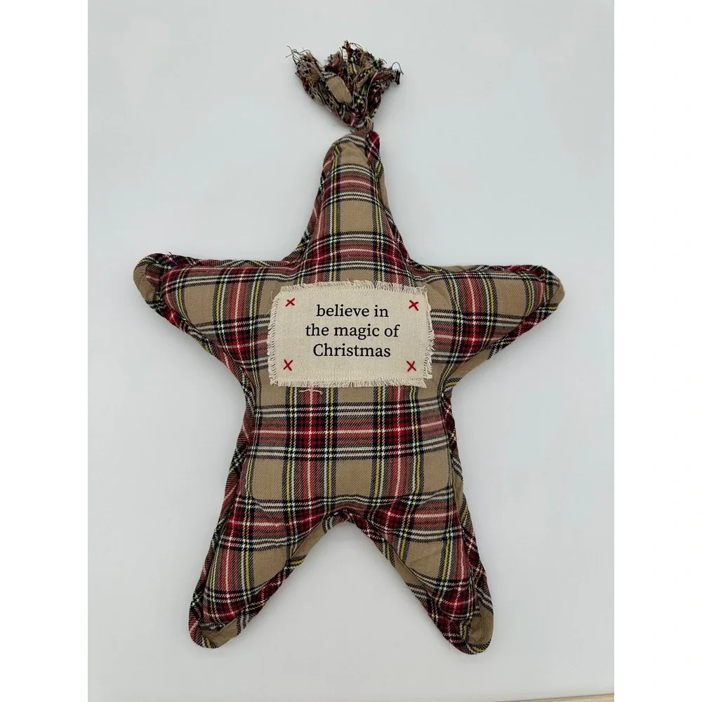 Mud Pie Plaid Star‎ Christmas Decor Believe Magic of Christmas Tan Red OS